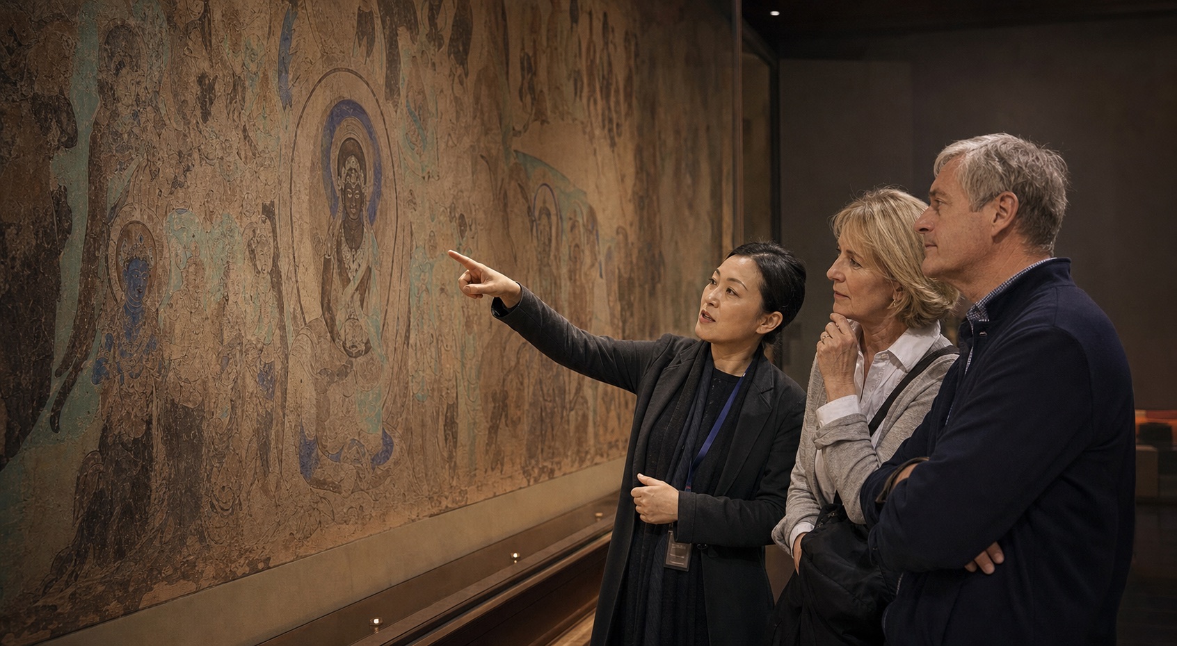 Western travelers studying Dunhuang mural art with a Chinese art historian