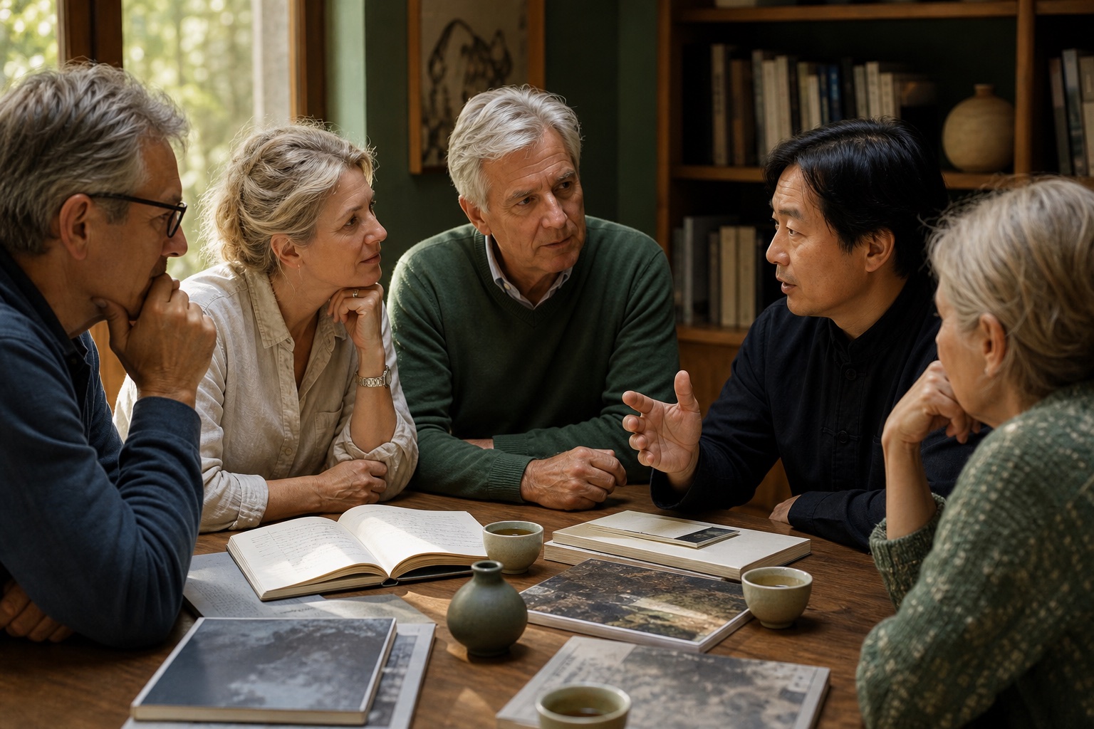 Western travelers reflecting with a Chinese cultural host after a learning experience