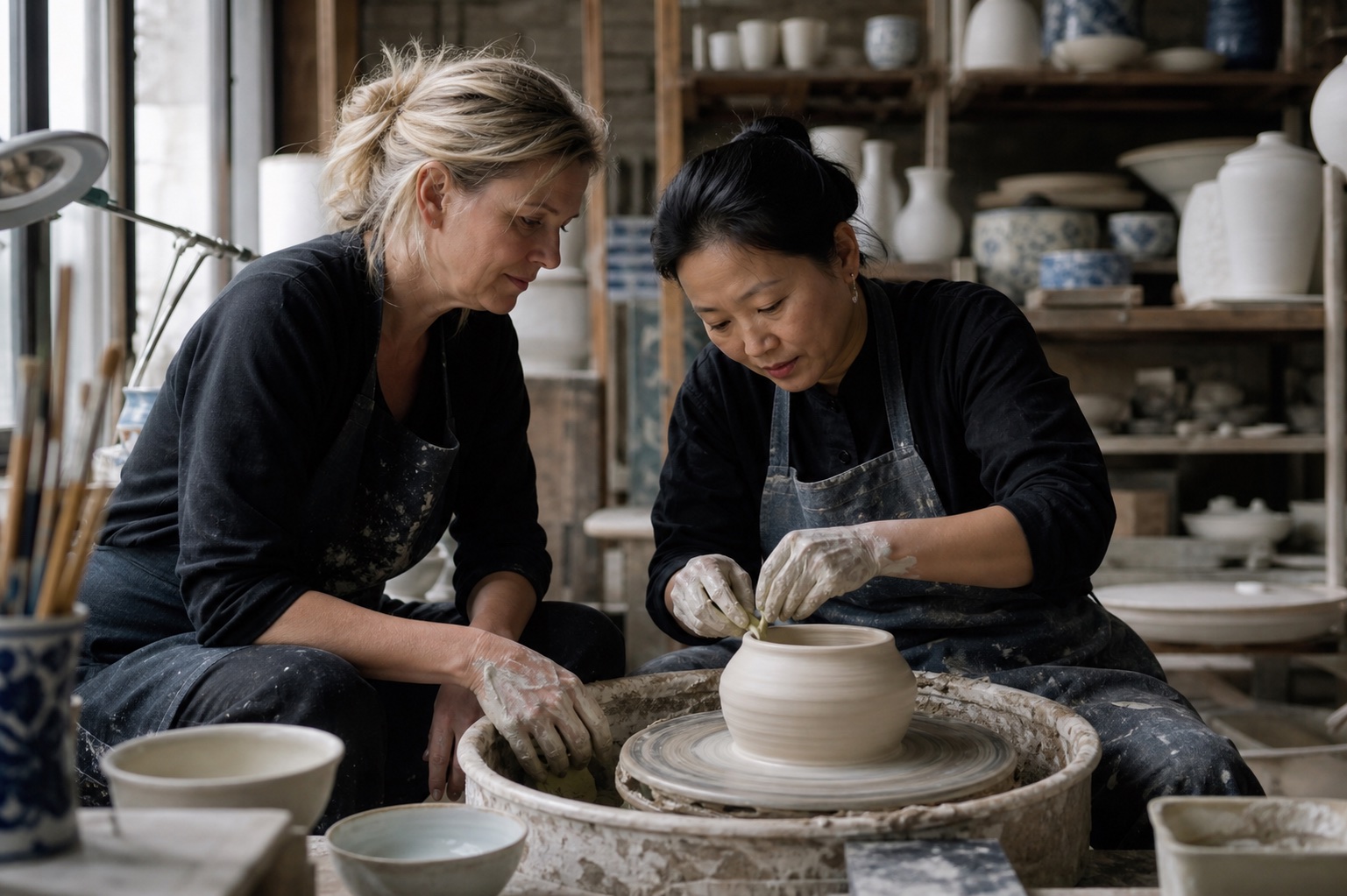 A Western traveler learning porcelain making from a Chinese ceramic artisan in a Jingdezhen studio