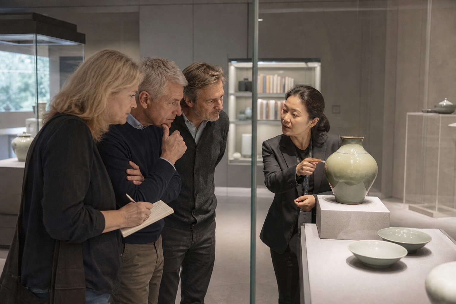 Western travelers learning from a Chinese museum educator beside a celadon display