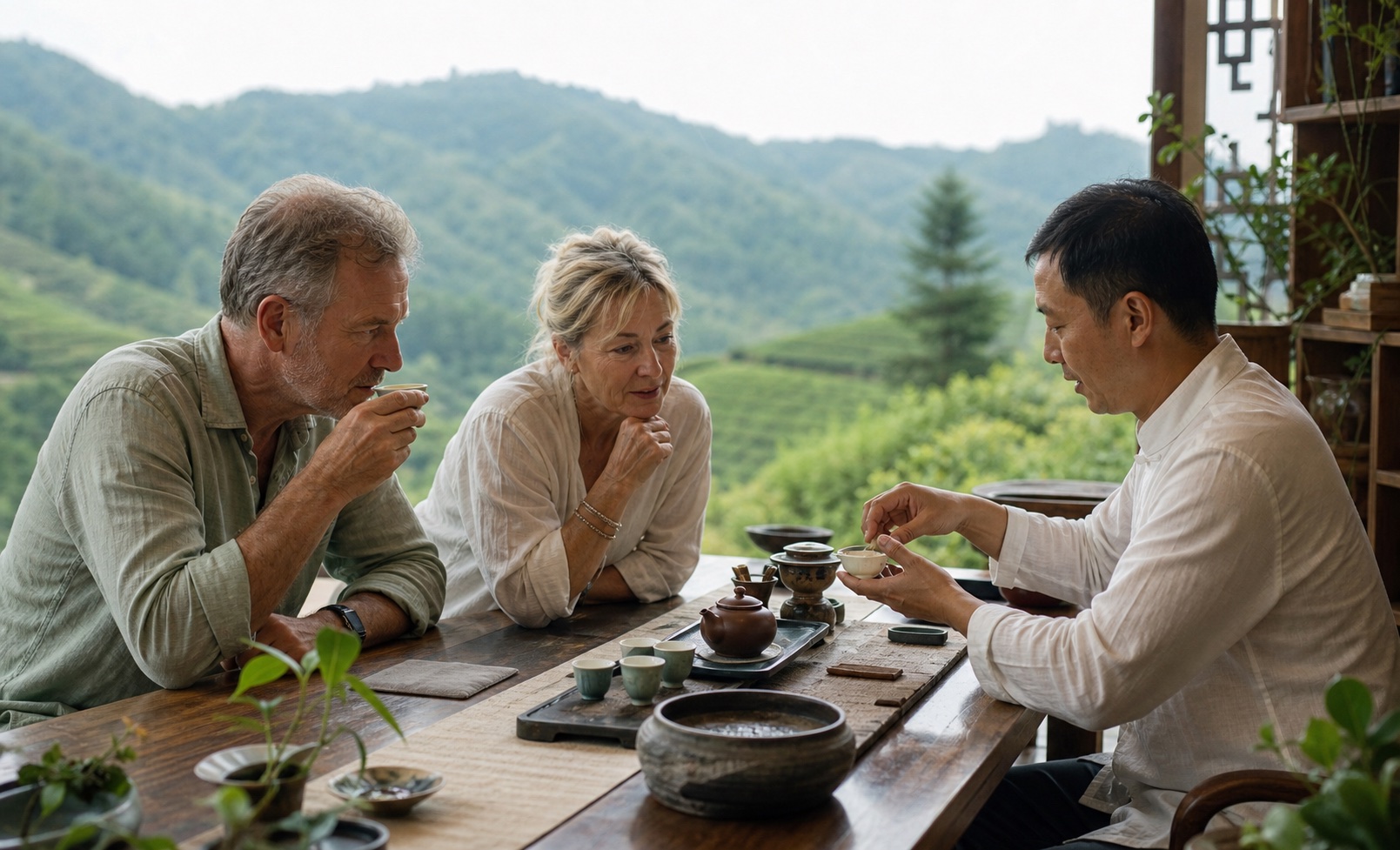 Western travelers learning Chinese tea preparation from a Chinese tea maker