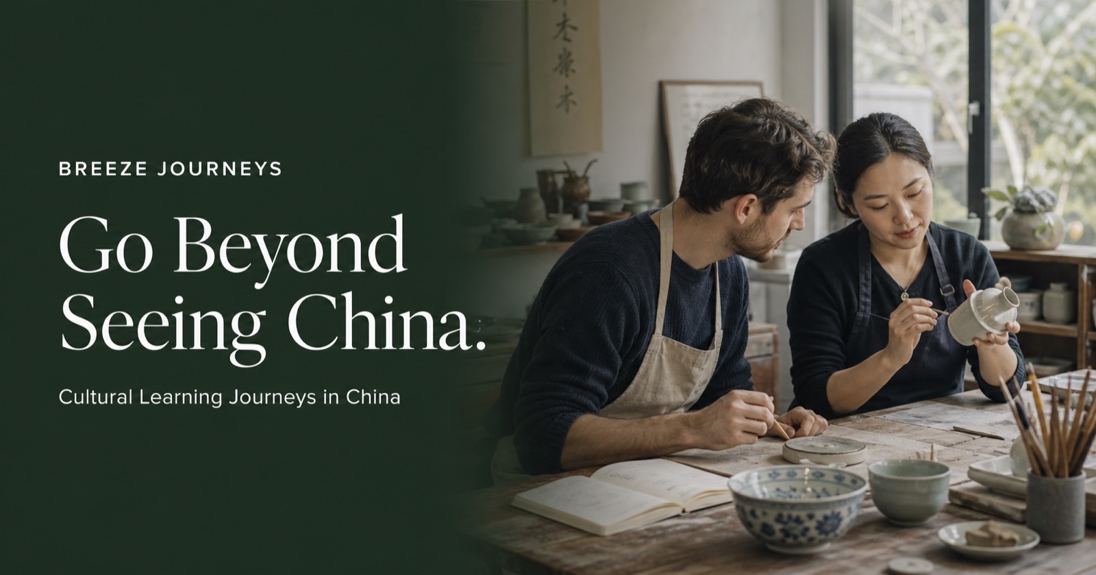 A Western traveler learning ceramic craft with a Chinese artisan
